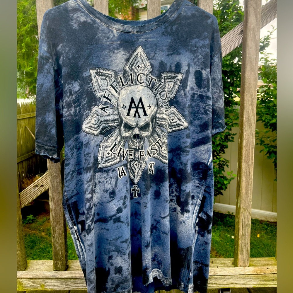 Affliction Navy Tie-Dye Tee with Skull Emblem